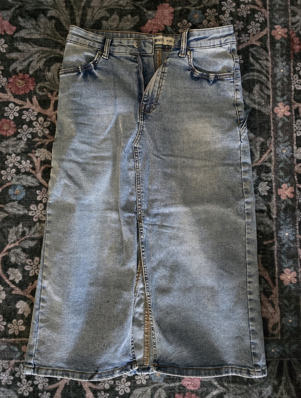 LoveGen Light Wash Denim Midi Skirt High Waist Front Slit Stretch Size 9